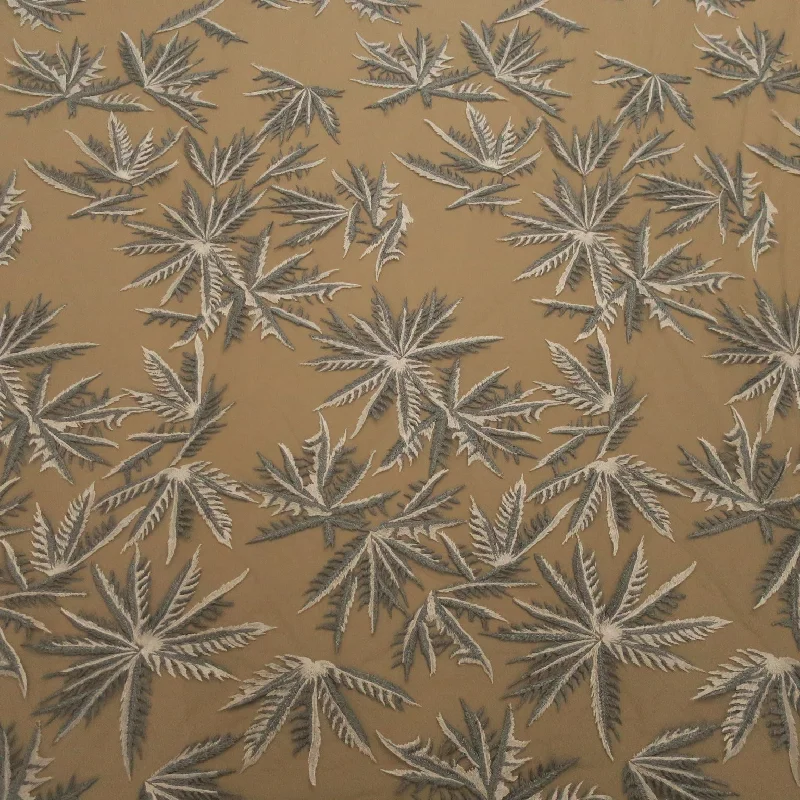 Deal Zone Gray and Silver Palm Leaves Embroidered Tulle Fabric