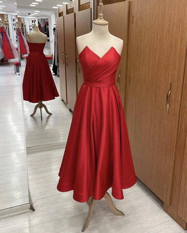 YEAR-End Clearance Red Strapless Midi Satin Dress