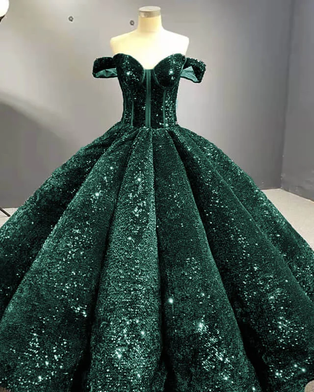 Take Advantage Green Sequin Off The Shoulder Ball Gown