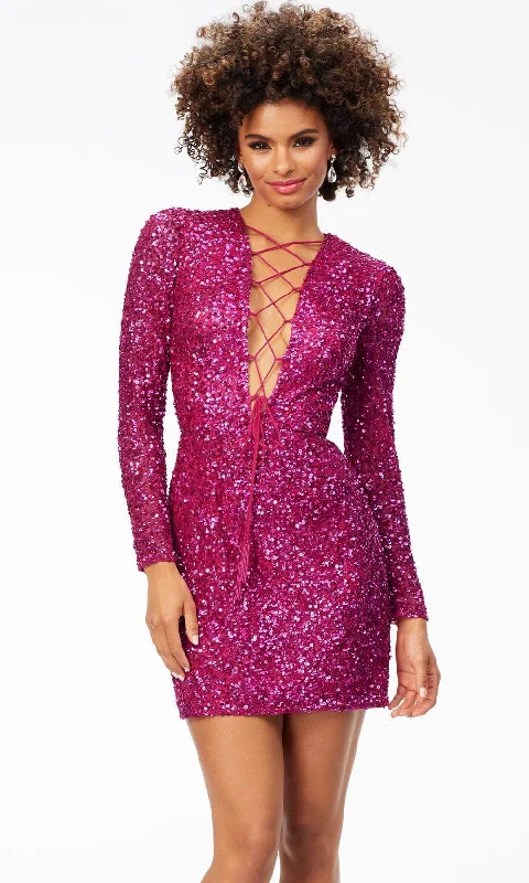 Value Deals Ashley Lauren 4512 - Long Sleeve Lace-Up Bustier Cocktail Dress