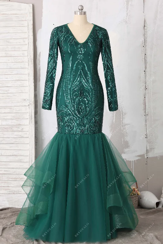 Anniversary Sale Emerald Sequin Tulle V-neck Long Sleeve Prom Gown