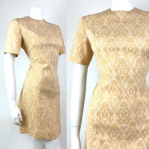 Buy Now VINTAGE 60s 70s BEIGE WHITE FLORAL DAMASK MOD SCOOTER MINI FITTED DRESS 14 16