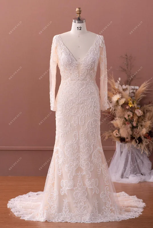 Referral Discount Luxury Beaded Lace Sleeved Mermaid Wedding Dress