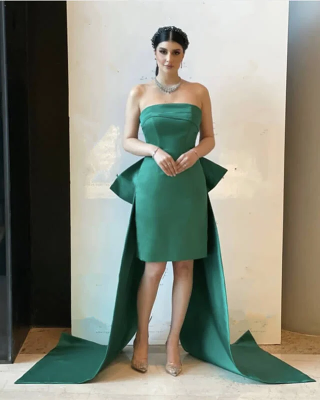 Huge Discounts Green Strapless Satin Sheath Dress With Bow Back