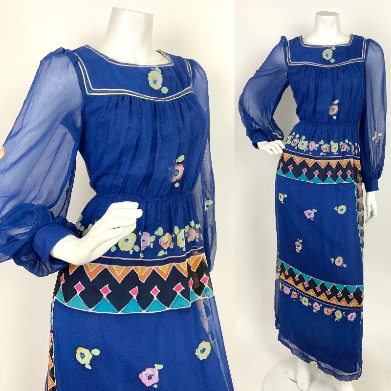 Blowout Sale VTG 60s 70s BLUE PINK ORANGE BLACK FLORAL GEOMETRIC BATIK SHEER MAXI DRESS 8 10