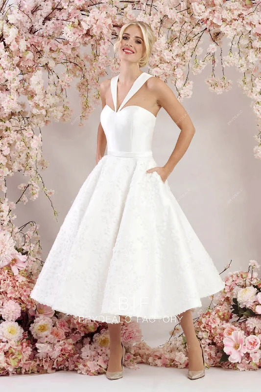 Lowest Price Mikado Satin 3D Lace Short Dress Pocket Wedding Dress