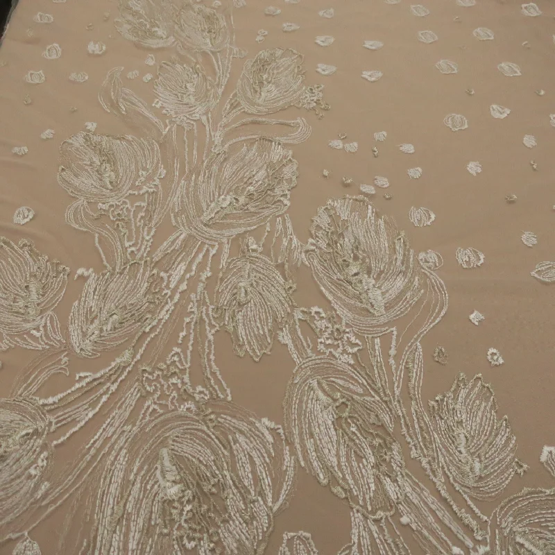 Big Discounts White Tulle with Gold and White Big Leaves  Design Embroidered Fabric
