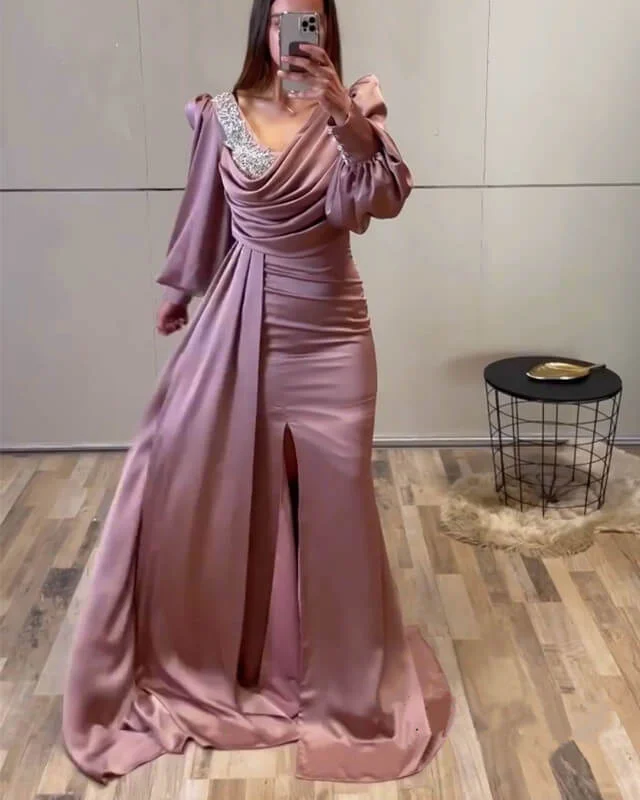 Savings Galore Mermaid Rose Satin Long Sleeve Dress
