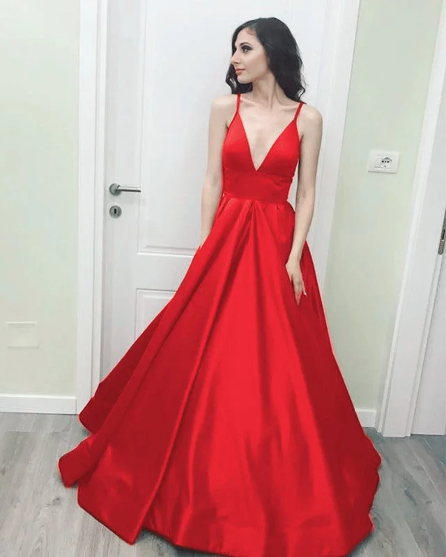 Markdown Madness Plunge V Neck Prom Dresses Satin Ball Gown With Straps