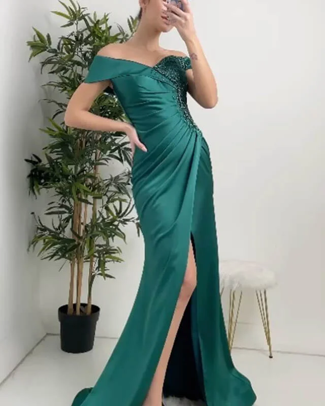 Amazing Deals Mermaid Green Satin Split Beaded Dress