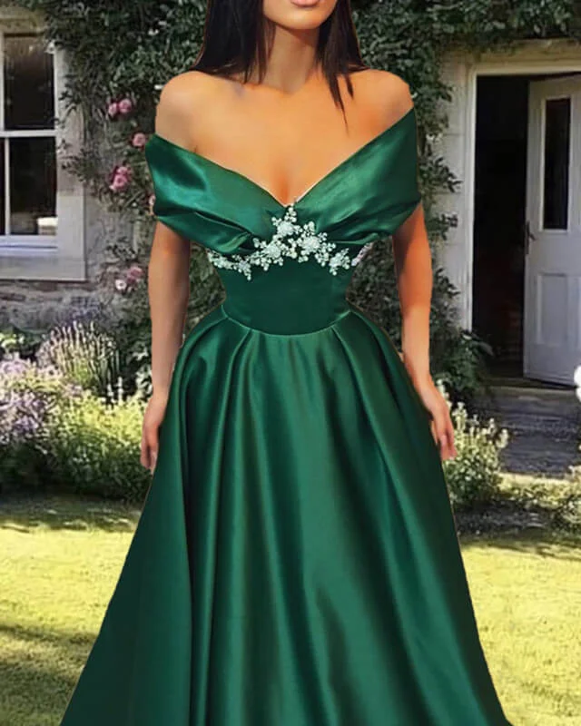 Early Access Off The Shoulder Satin Dress With Lace Appliques