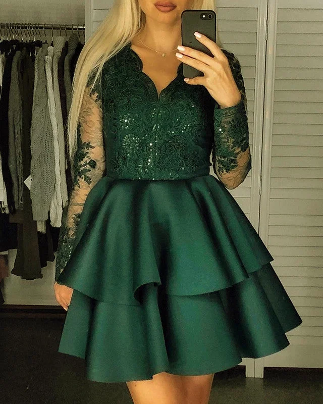 Customer Appreciation Sale Short Satin Ruffles Dresses Lace Sleeves