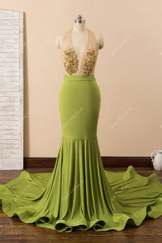 Special Offer Beaded Moss Green Jersey Mermaid Prom Dress