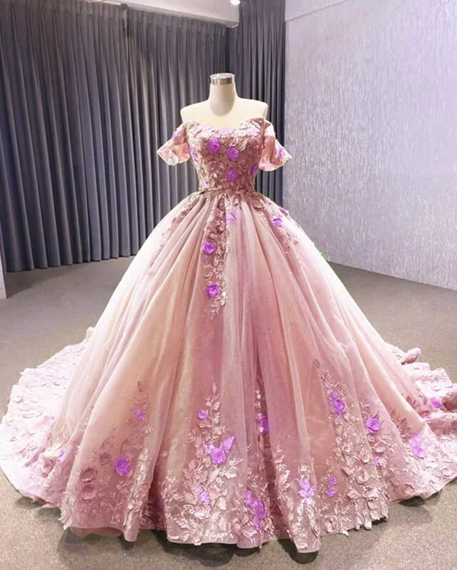 Closeout 3D Lace Flowers Ball Gown Off Shoulder Dress