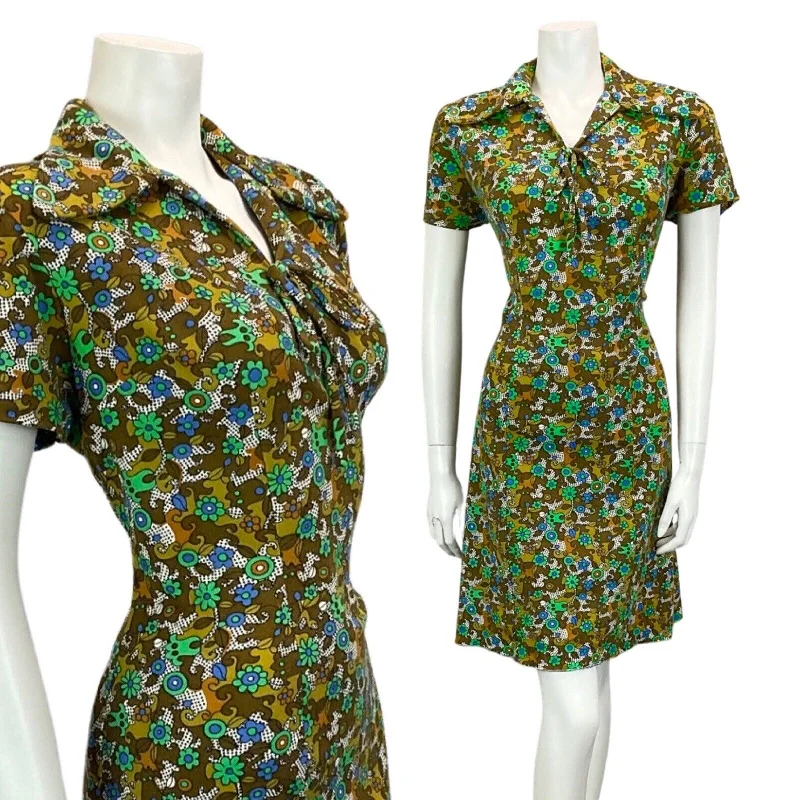 Closeout VINTAGE 60S 70S GREEN KHAKI BLUE FLORAL PSYCHEDELIC PRINT MINI DRESS 14