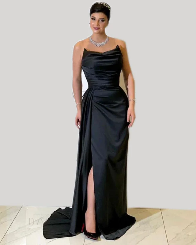 Members Only Long Black Ruched Satin Split Dress