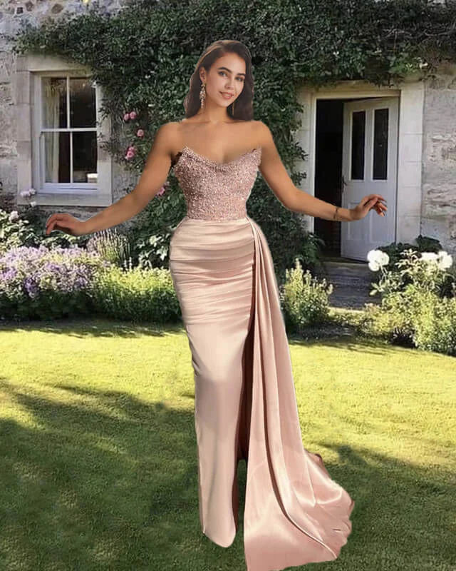 Unmissable Offer Mermaid Pink Beaded Strapless Satin Dress