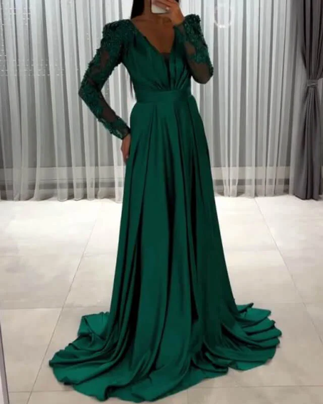 Daily Deals A-line Satin V-neck Long Sleeve Dress