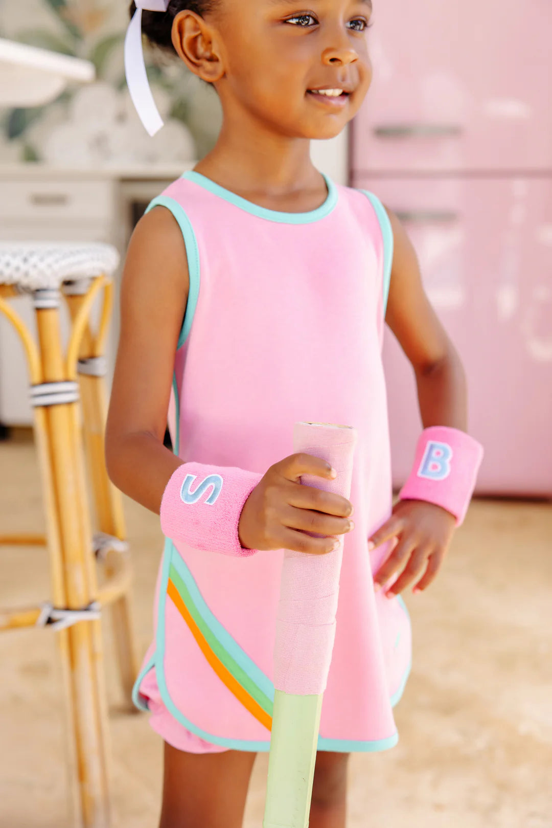 Bargain Prices Taffy Tennis Dress-Pima-Applique Hamptons Hot Pink/Turks Teal/Rainbow Stripe