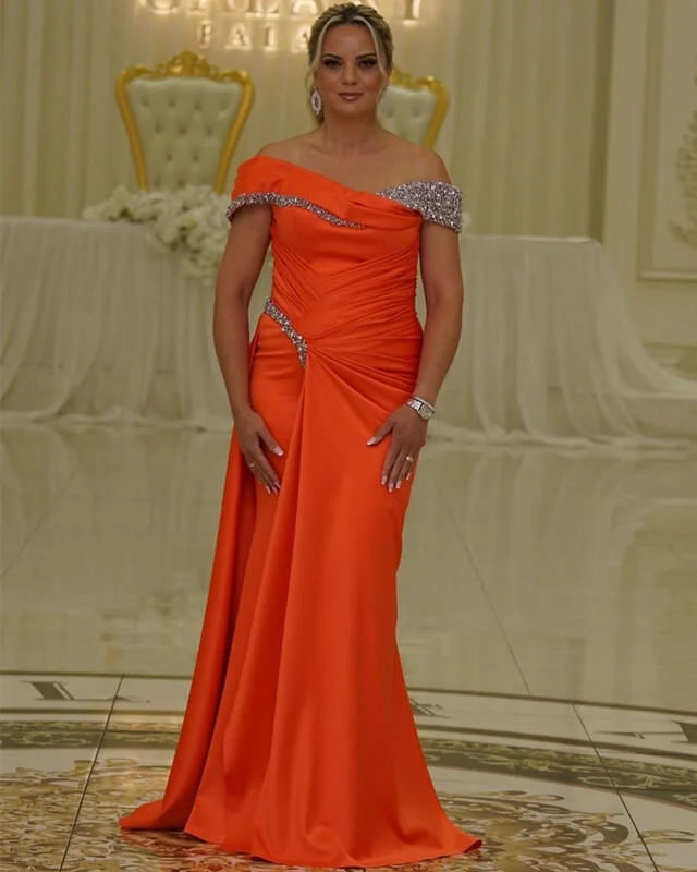 Inventory Reduction Mermaid Orange Satin Off Shoulder Beaded Dress