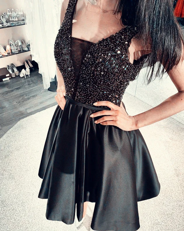 Midnight Madness Beaded Satin Homecoming Dresses Plunge Neck