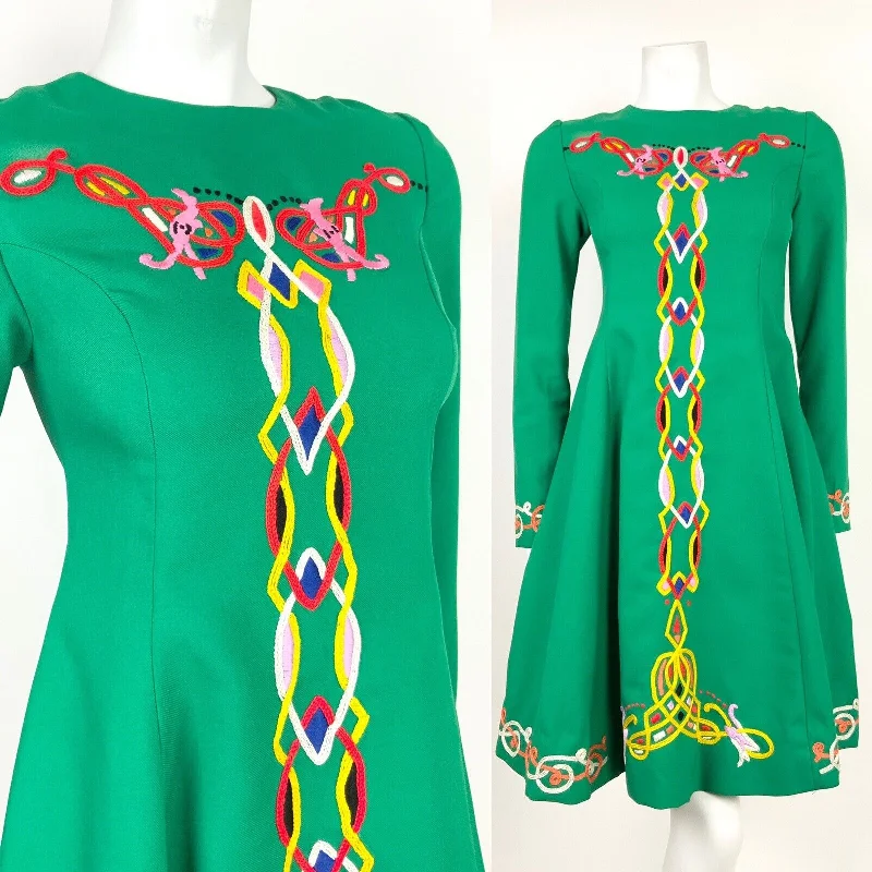 Get It Before It’s Gone VTG 60s 70s FOLK GREEN WHITE RED YELLOW BLACK CELTIC EMBROIDERED DRESS 4 6