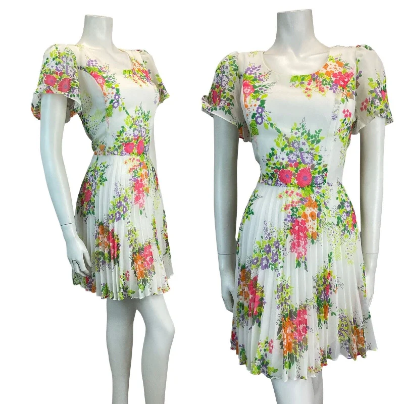 Must-Have Deals VTG 70S SPRING SUMMER SUN FLORAL CAPE SLEEVE MINI DRESS 10 12