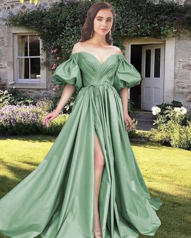 Savings Galore Sage Satin A-line Puffy Sleeve Dress