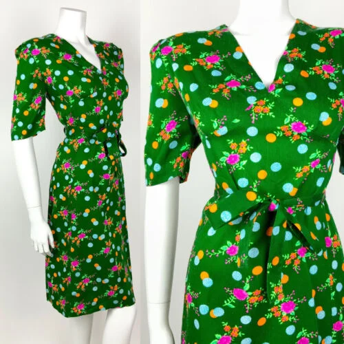 Discount Extravaganza VINTAGE 60s 70s GREEN PINK ORANGE BLUE DOTTY FLORAL BELTED DRESS 14 16