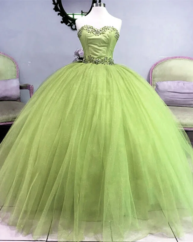 While Supplies Last Beaded Strapless Sage Tulle Ball Gown Dress