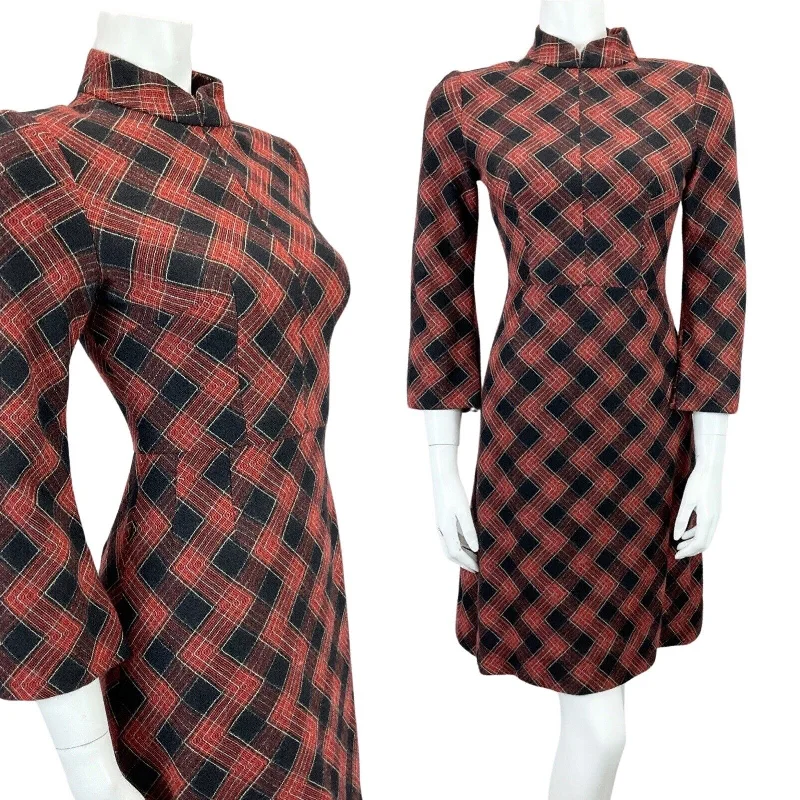 Weekend Flash Sale VINTAGE 60s 70s BLACK RED CHECKED TARTAN MOD PARTY MINI DRESS 8