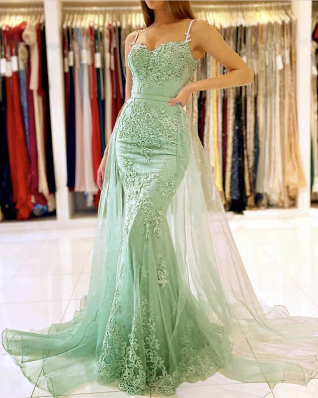 Can't Miss Mermaid Sage Green Lace Prom Dress Removable Train