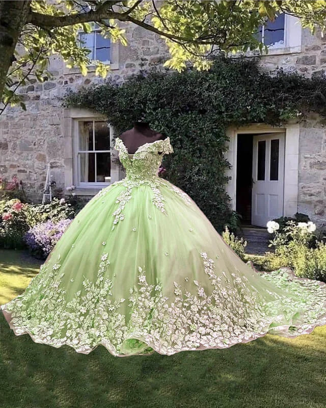 Savings Alert Light Green Off Shoulder Ball Gown Dress With 3D Lace Flowers