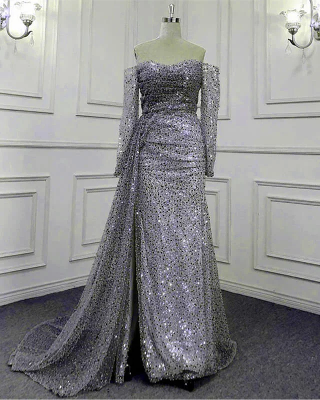 Final Sale Mermaid Silver Sequin Beaded Off Shoulder Dress