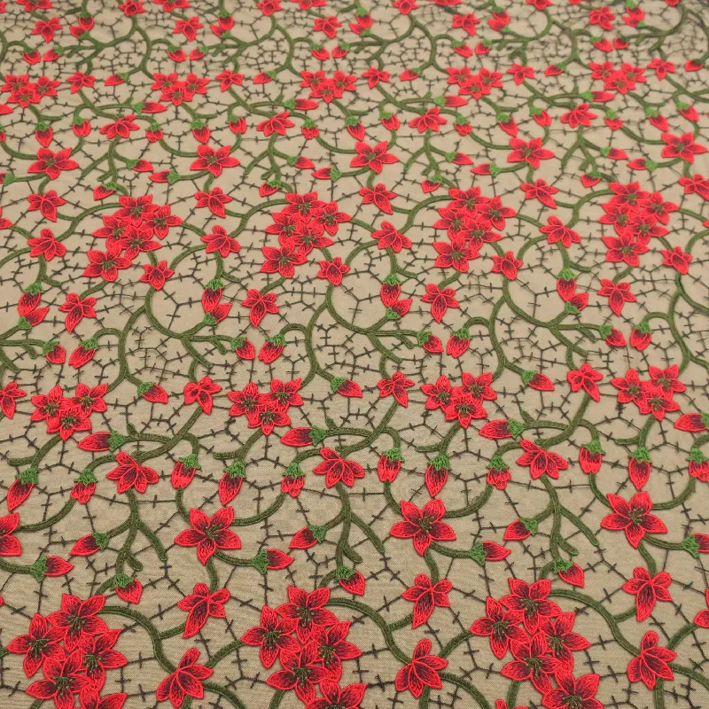 Exclusive Savings Black Tulle with Red Floral Design Double Scallop Embroidered  Fabric
