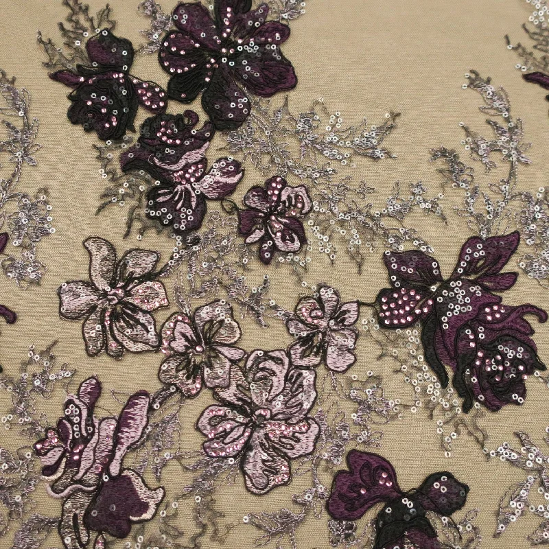 Deal Frenzy Black Tulle with Purple and Lilac Floral Design Embroidered Sequins Fabric