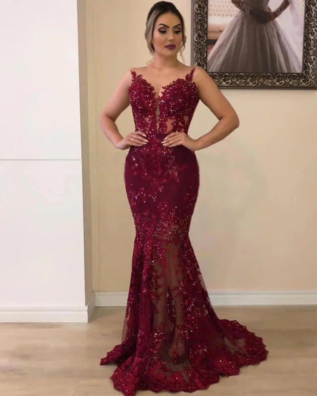 Limited Availability Mermaid Burgundy Sequin Lace Dress