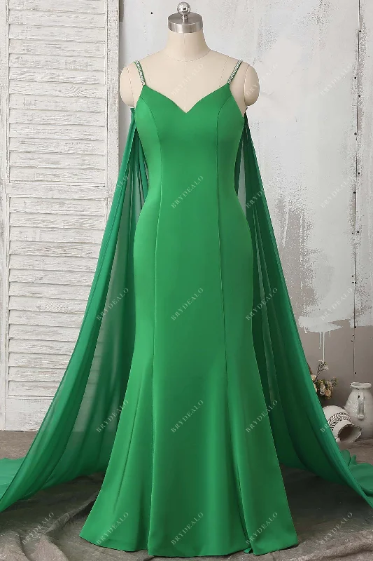 Bonus Savings Green Crepe Straps Mermaid Prom Dress with Cape