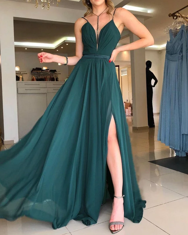 Deal Frenzy Plunge Neck Open Back Chiffon Split Dresses