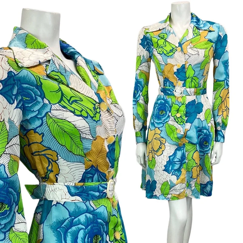 Super Savings VINTAGE 60S 70S WHITE BLUE GREEN YELLOW FLORAL PRINT BOHO MOD MINI DRESS 10 12