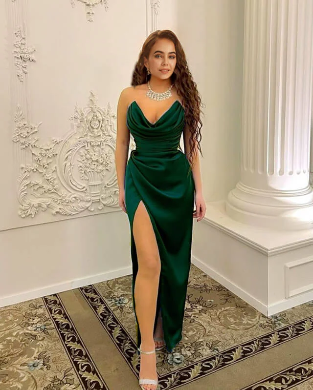Price Cut Cowl Neck Sheath Split Satin Dress