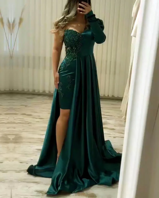 Shop and Save Green One Sleeve Sheath Satin Applique Dress