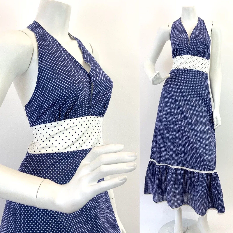 Online Only VINTAGE 60s 70s BLUE WHITE POLKA-DOT MOD HALTER RUFFLED MAXI DRESS 8
