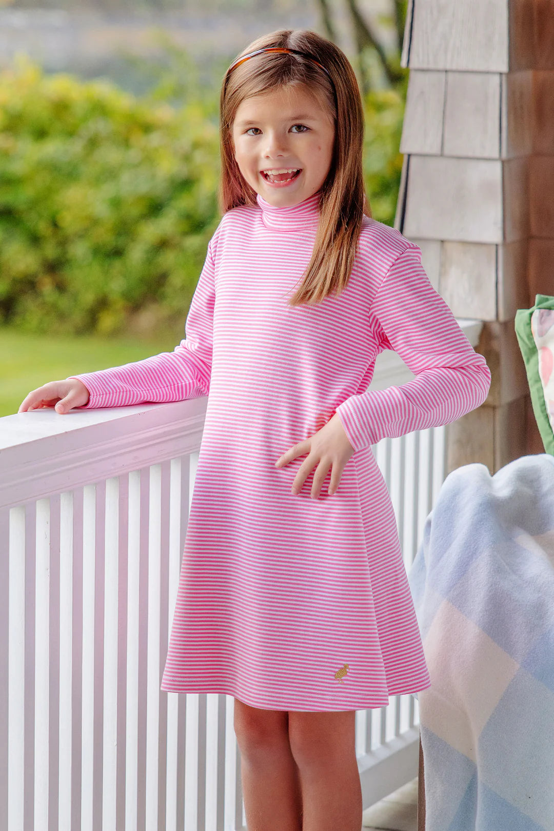 New Arrival Tatum's Turtleneck Dress Romany Rose Stripe with Metallic Gold Stork