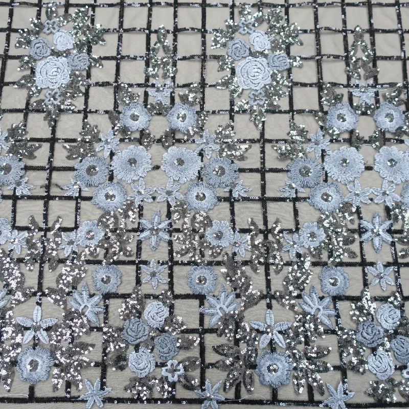 Final Markdown Black Tulle with Squared and Floral Sequins Pattern Embroidered Fabric