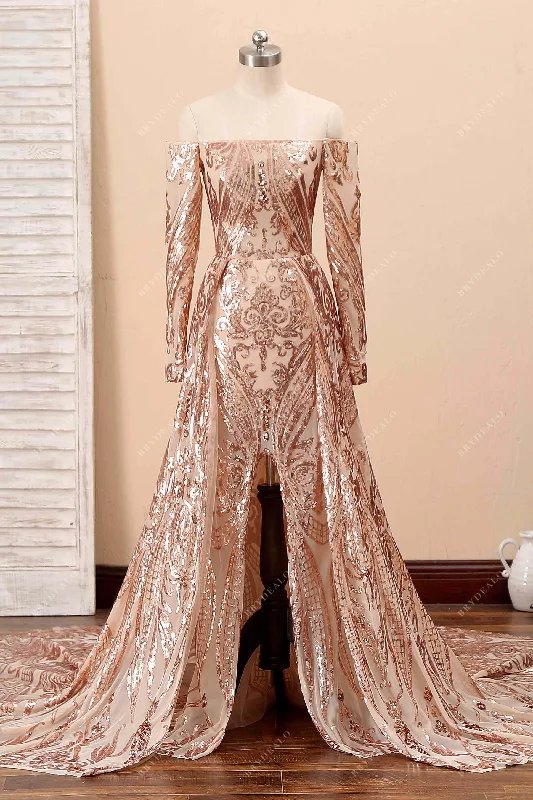 Stock Up and Save Champagne Patterned Sequin Off Shoulder Prom Gown
