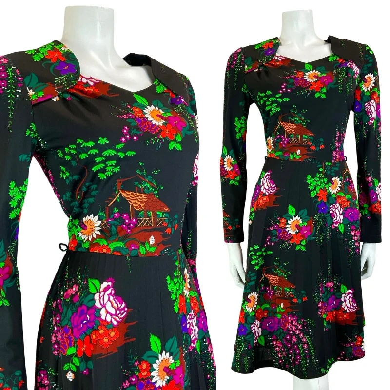 Time-Limited Offer VTG 70S BETTY BARCLAY FLORAL COTTAGE BLACK PINK GREEN SWEETHEART MIDI DRESS S