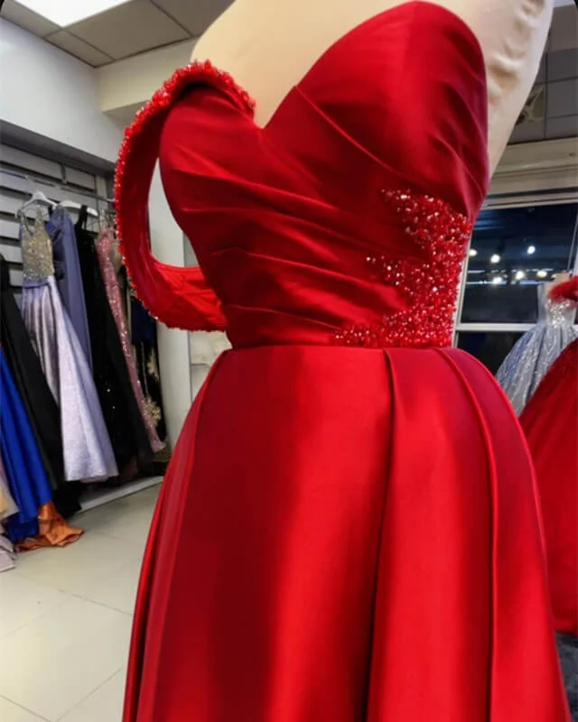 The Best Prices Long Red Satin One Shoulder Dress