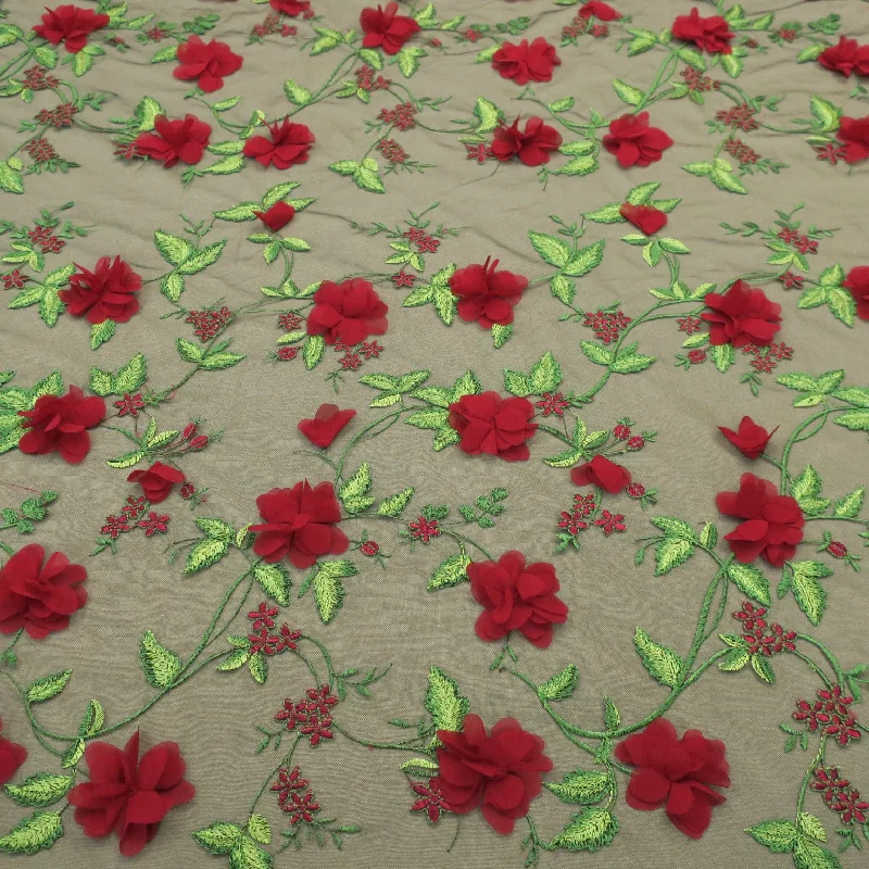 Savings Galore Black Tulle with Red Floral Design Embroidered Fabric