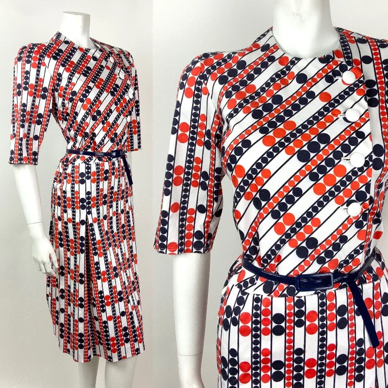 Limited Time VINTAGE 60s 70s WHITE BLUE RED DOTTY STRIPED BELTED MOD DRESS 10 12
